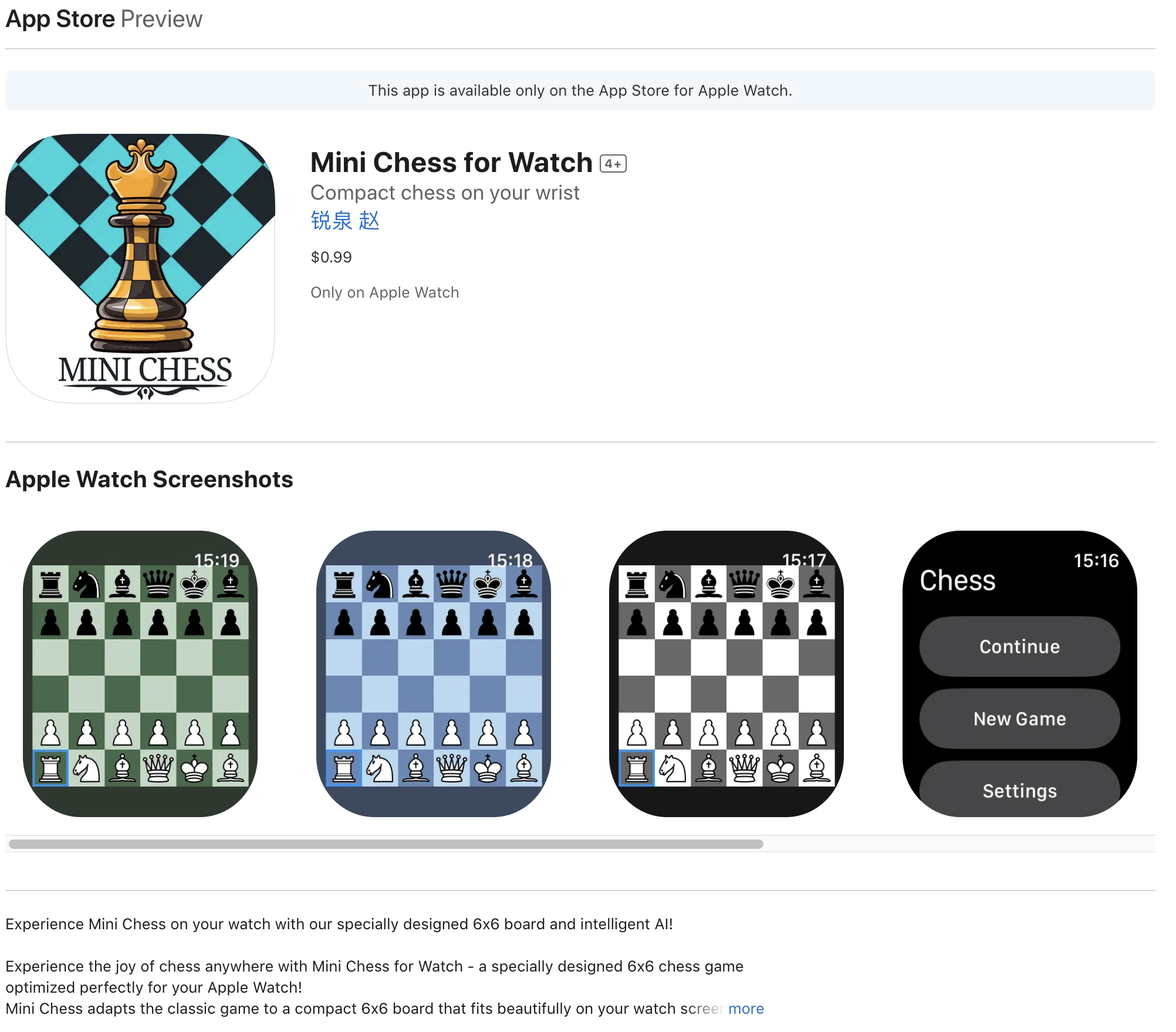 Mini Chess on Apple Watch and iPhone
